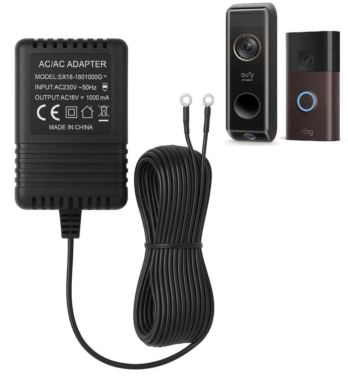 Video deurbel adapter – Approved by eufy Universele Beltransformator – 18V 1A (18VA) – AC/AC – 8 Meter Kabel – Compatibel met Eufy, Google Nest, Ring, TP-Link Tapo, EZVIZ etc