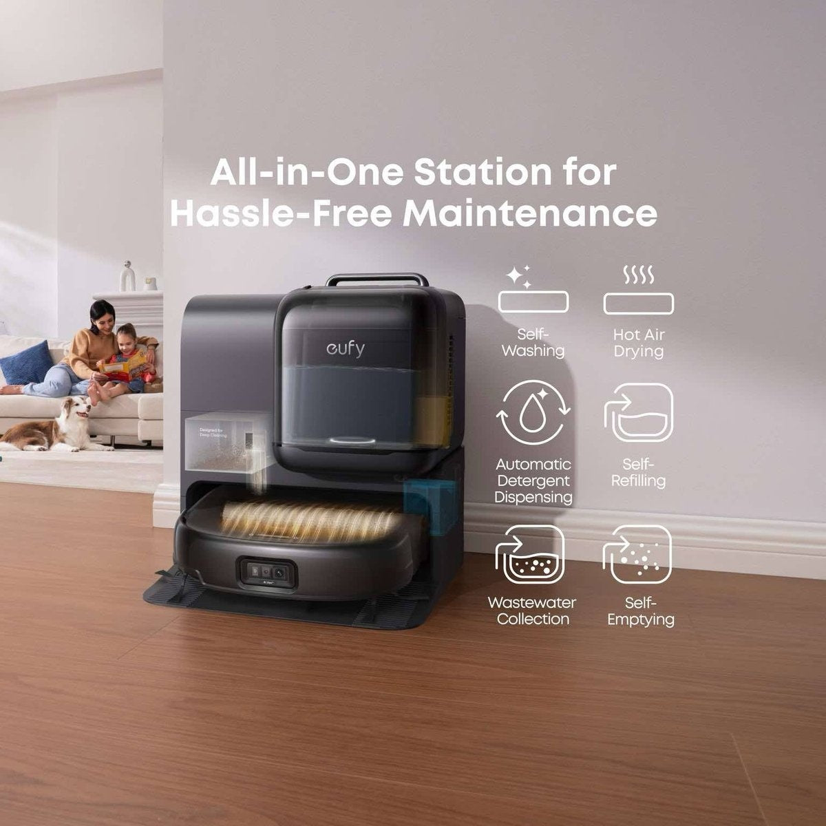 eufy Robotstofzuiger Omni E28, draagbare dieptereiniger, HydroJet systeem, 20.000 Pa zuigkracht, DuoSpiral ontklittende borstels, CornerRover arm, alles-in-één station