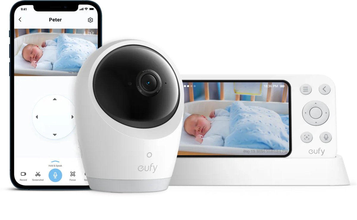 Eufy Baby Monitor E21 - met 4K-camera, Hybride Wi-Fi en Geen Wi-Fi Verbinding, App- en Monitorbediening, Ultrahelder Nachtzicht, Pan-Tilt, 8× Zoom, Draagbare Camera met Ingebouwde Batterij, ANR, Slimme Waarschuwingen