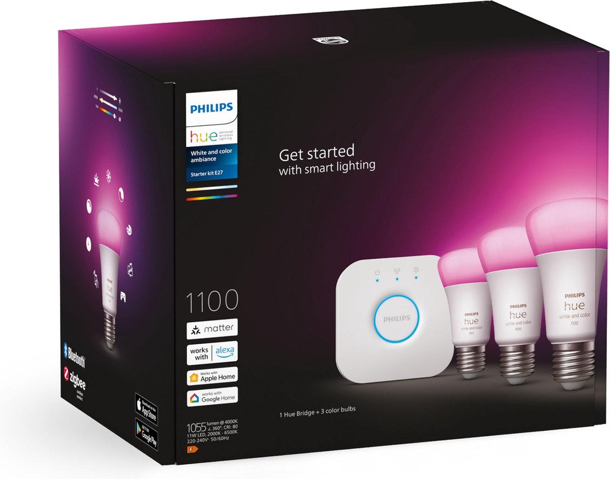 Philips Hue starterkit - wit en gekleurd - 3 lampen - E27 - 1100lm