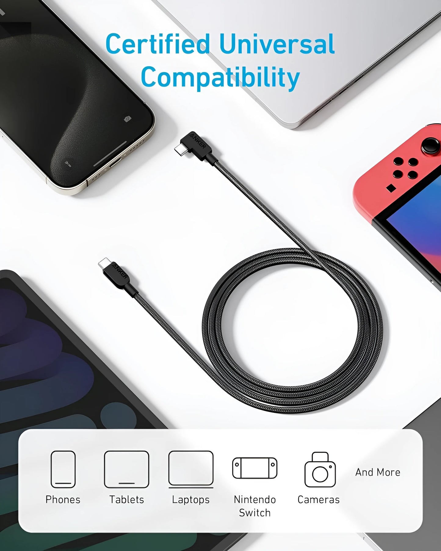Anker USB-C Right Angle Cable, 240 W, twee gevlochten 180cm-oplaadkabels met USB-C- en haakse USB-C-poort