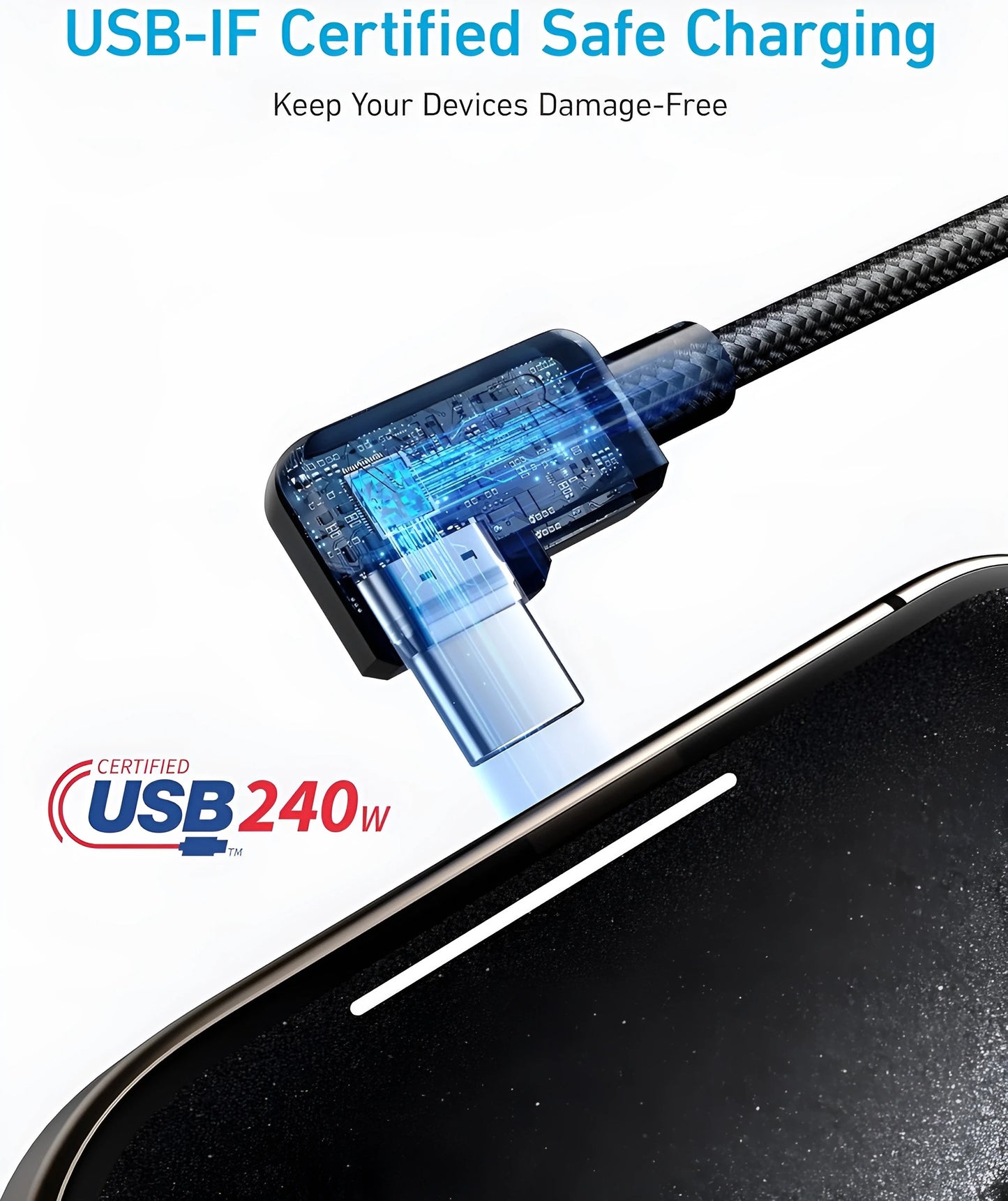 Anker USB-C Right Angle Cable, 240 W, twee gevlochten 180cm-oplaadkabels met USB-C- en haakse USB-C-poort