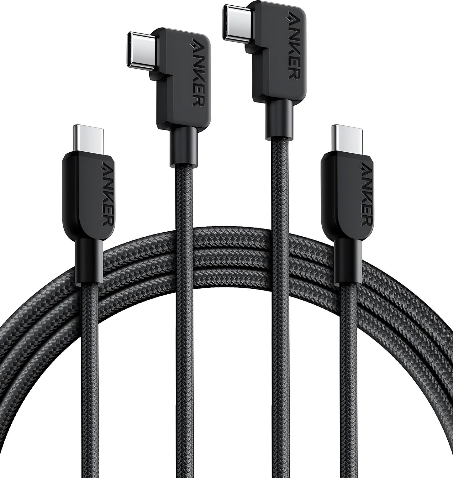 Anker USB-C Right Angle Cable, 240 W, twee gevlochten 180cm-oplaadkabels met USB-C- en haakse USB-C-poort
