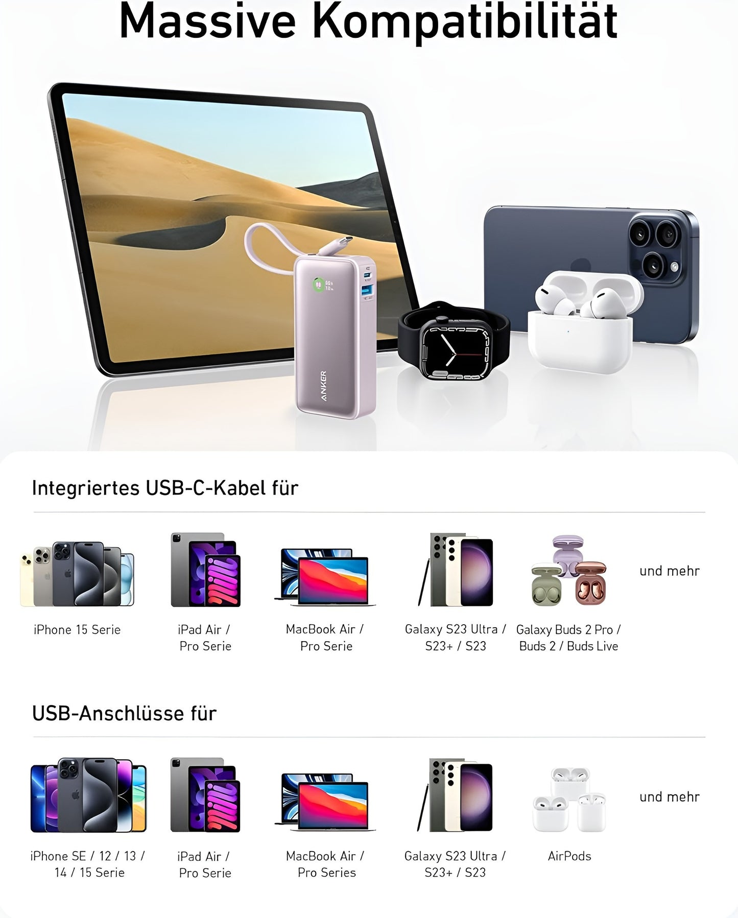 Anker-Nano powerbank-10.000 mAh powerbank blauw met ingebouwde USB-C-kabel -PD 30 W maximaal vermogen met 1 x USB-C, 1 x USB-A