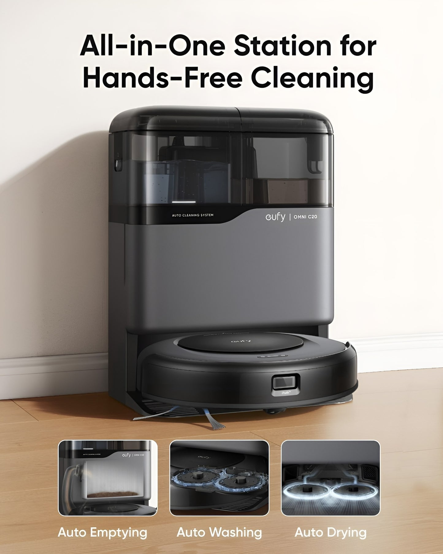 eufy Clean Omni C20 Robotstofzuiger met reinigingsstation - Robot Vacuum - 7.000 Pa Zuigkracht, Ronddraaiende Dweilpads, Met Objectdetectie, 8,5 cm Ultraplat Design, Zwart