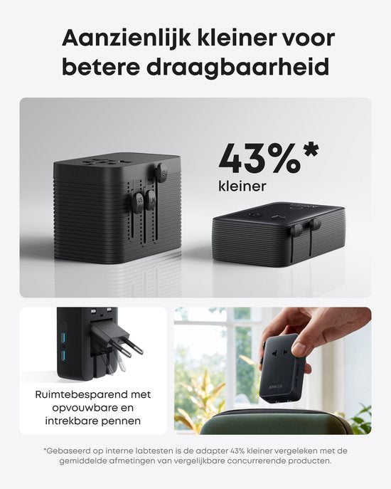 Anker Nano reisadapter, USB-stekker 5-poorts stroomadapter met 1 AC, 2 USB-A en 2 USB-C poorten, slimme temperatuurregeling, compatibel met alle landen en regio’s, ideaal voor op reis - zilver