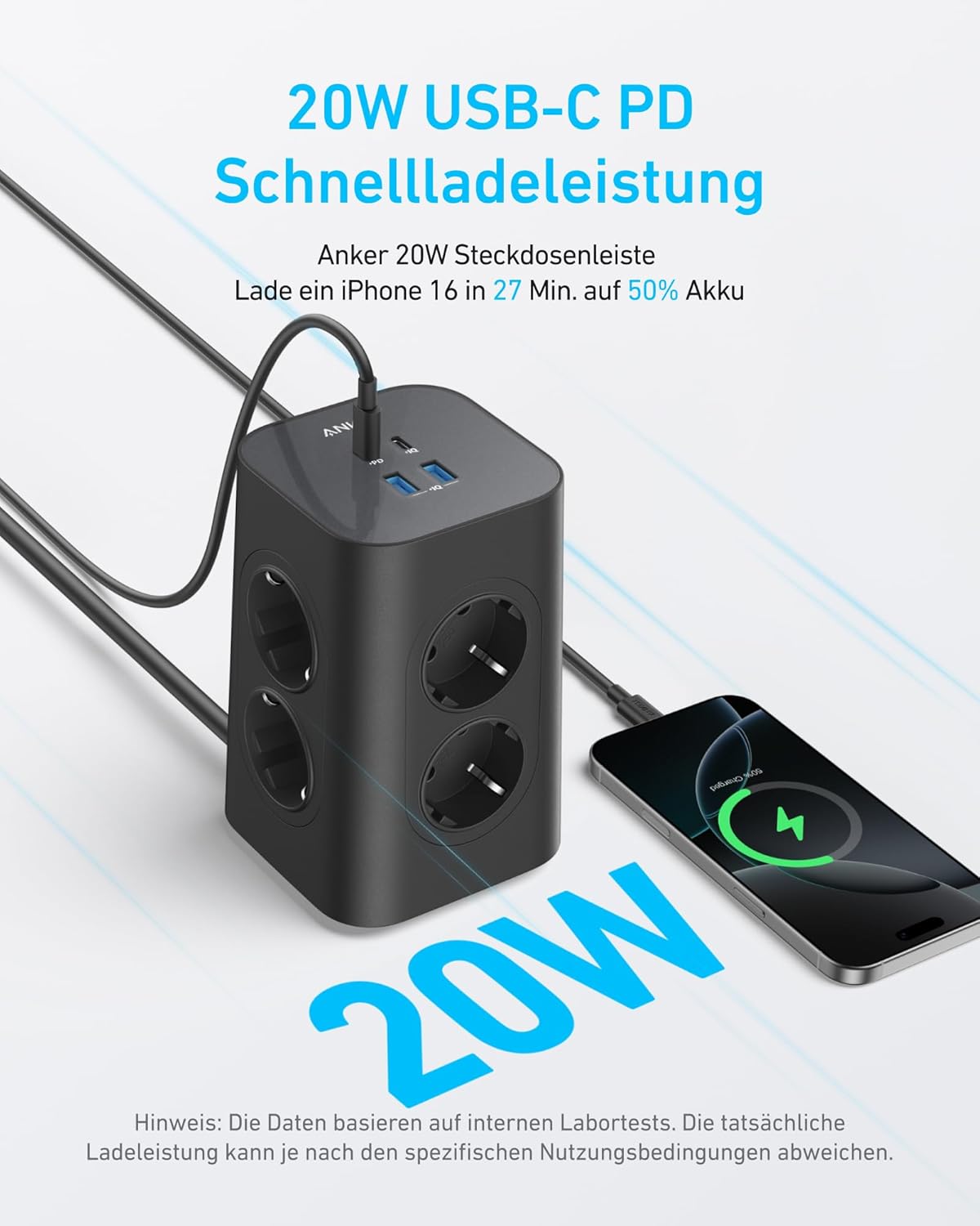 Anker Meervoudig stopcontact met schakelaar, 8-voudige stekkerdoos, stekkerdoos met 4 USB, 20 W USB C-snel opladen, meervoudige stopcontact, overspanningsbeveiliging, 2 m kabel, stekkertoren voor
