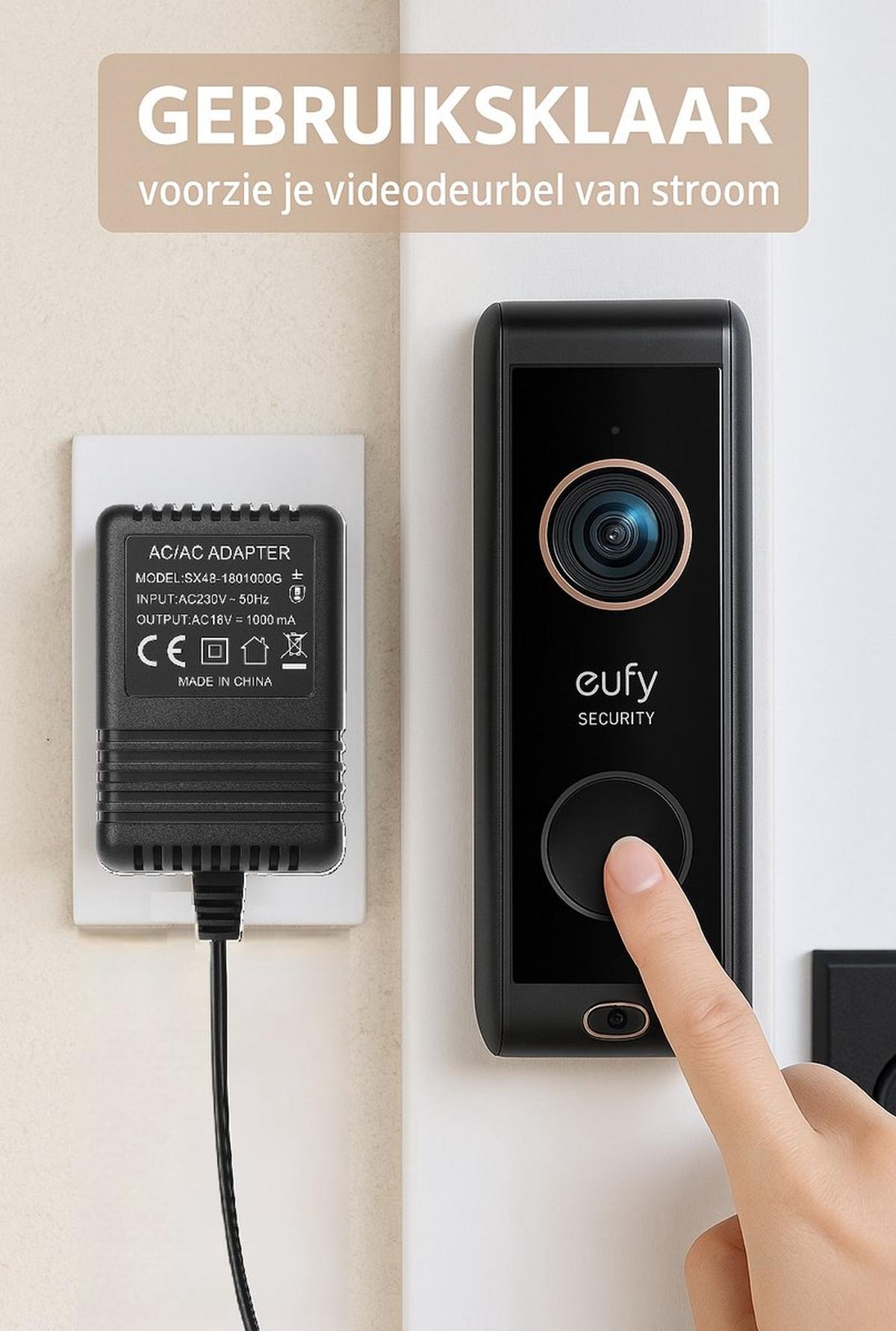 Video deurbel adapter – Approved by eufy Universele Beltransformator – 18V 1A (18VA) – AC/AC – 8 Meter Kabel – Compatibel met Eufy, Google Nest, Ring, TP-Link Tapo, EZVIZ etc