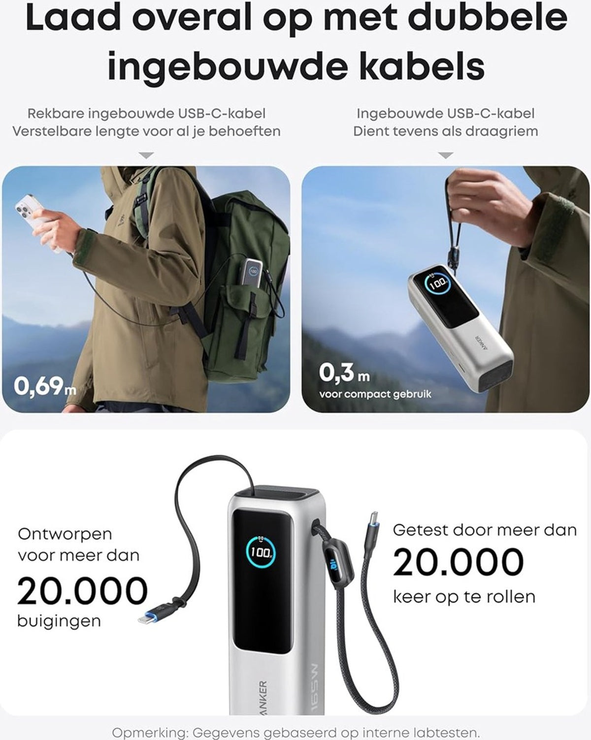 Anker Laptop Power Bank, 25.000mAh Draagbare Oplader met Drie 100W USB-C Poorten voor Meerdere Apparaten Opladen, Ingebouwde en Intrekbare Kabels- Silver voor iPhone 16/15 Serie, Samsung, en Meer