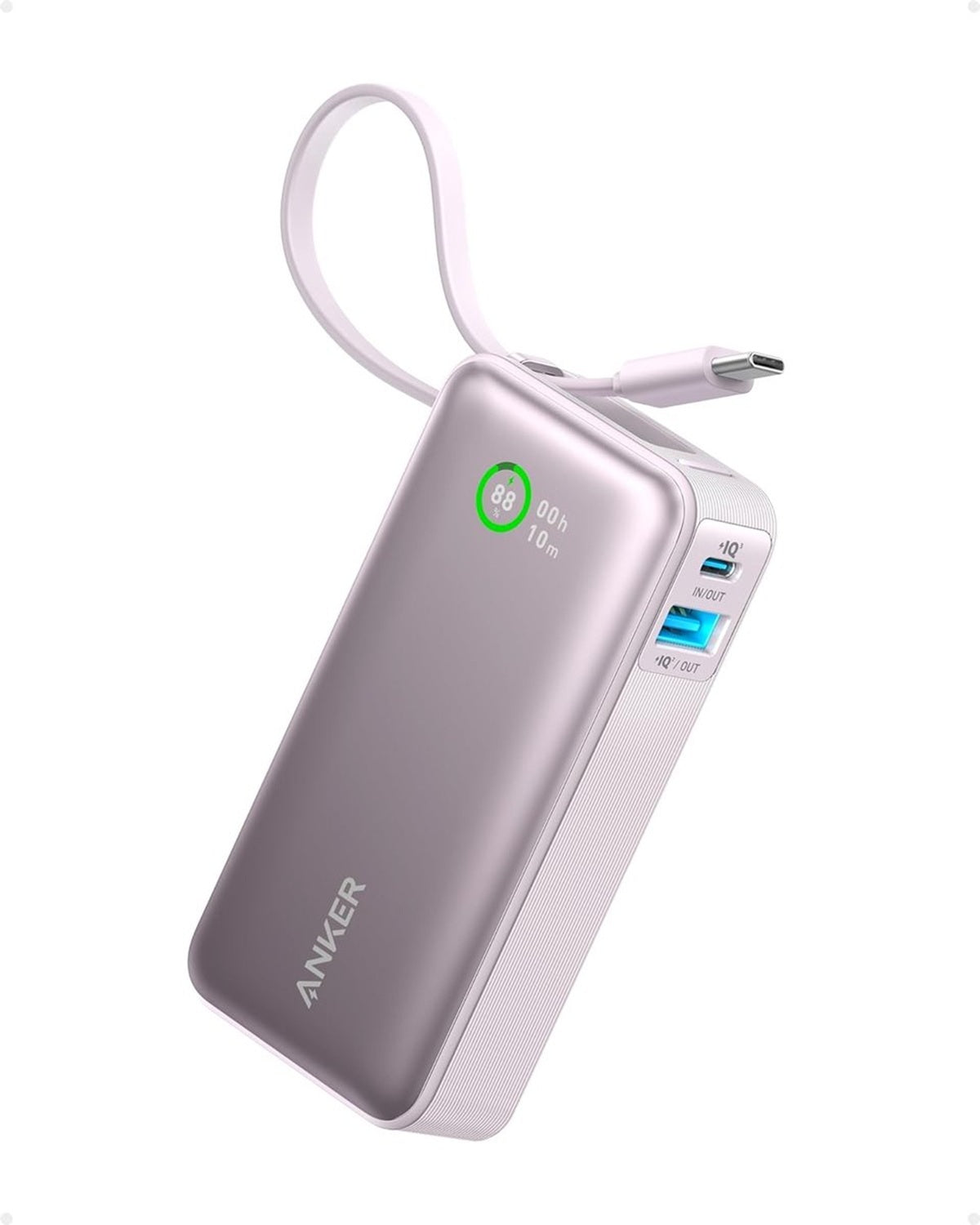 Anker-Nano powerbank-10.000 mAh powerbank roze met ingebouwde USB-C-kabel -PD 30 W maximaal vermogen met 1 x USB-C, 1 x USB-A