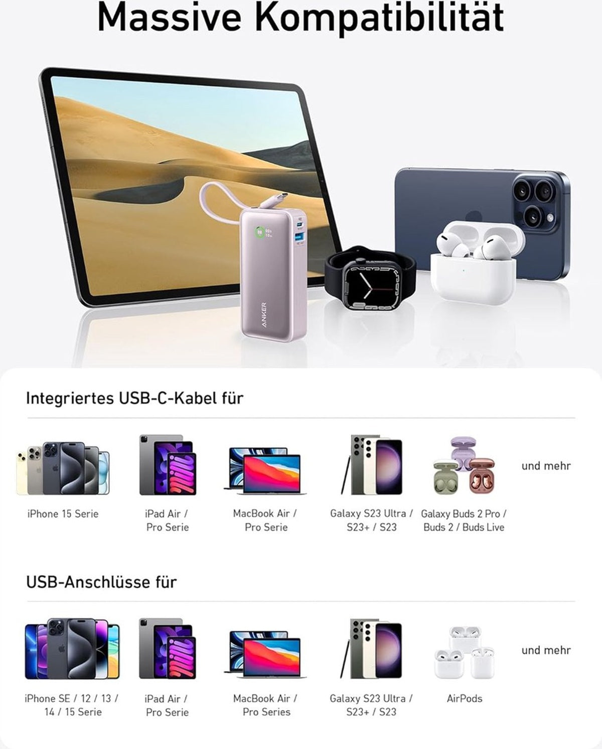 Anker-Nano powerbank-10.000 mAh powerbank roze met ingebouwde USB-C-kabel -PD 30 W maximaal vermogen met 1 x USB-C, 1 x USB-A