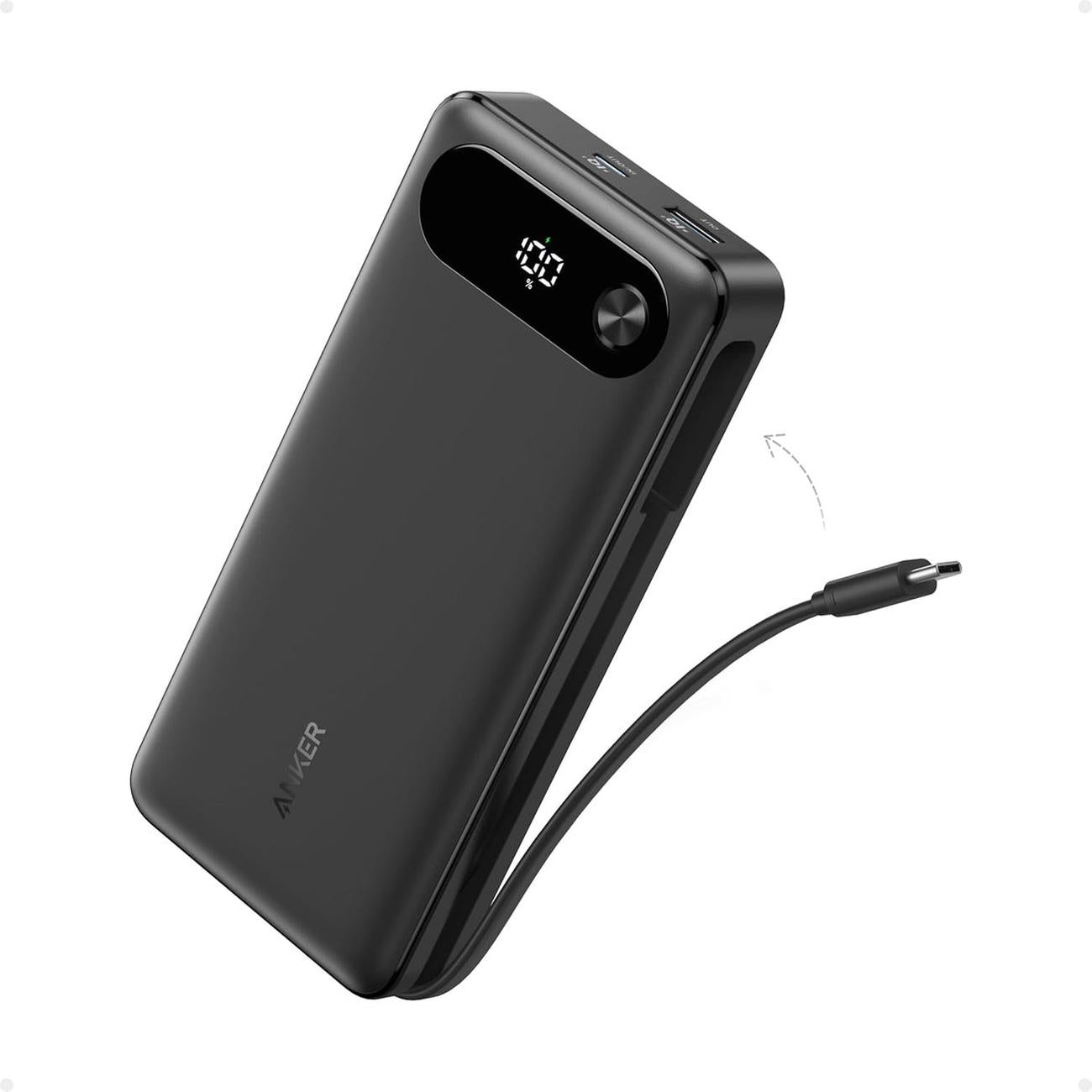 Anker Powerbank, 87 W Max snellaadaccu 20.000 mAh draagbare oplader met geïntegreerde USB-C-kabel, 2 USB-C en 1 USB-A, voor MacBook, iPhone 15/14-serie, Samsung, Switch en meer