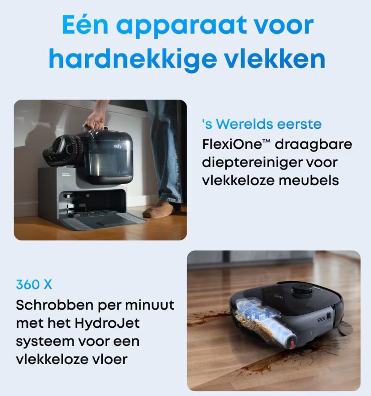 eufy Robotstofzuiger Omni E28, draagbare dieptereiniger, HydroJet systeem, 20.000 Pa zuigkracht, DuoSpiral ontklittende borstels, CornerRover arm, alles-in-één station