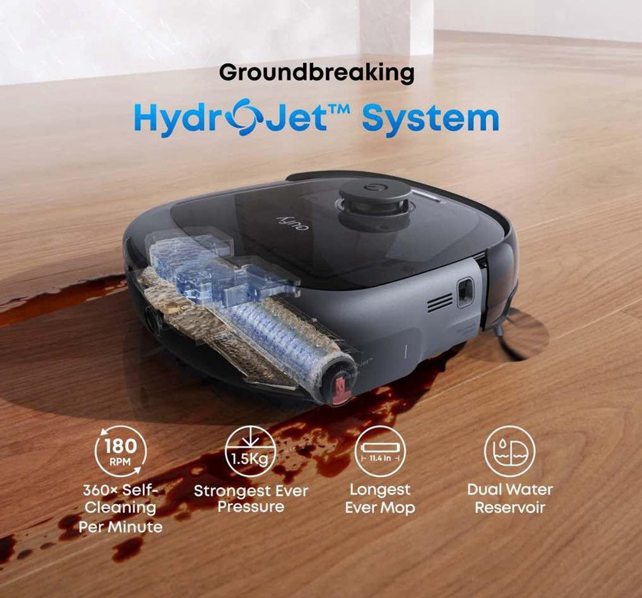 eufy Robotstofzuiger Omni E28, draagbare dieptereiniger, HydroJet systeem, 20.000 Pa zuigkracht, DuoSpiral ontklittende borstels, CornerRover arm, alles-in-één station