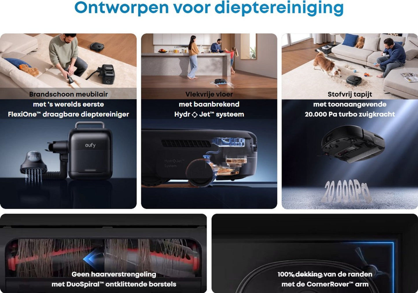 eufy Robotstofzuiger Omni E28, draagbare dieptereiniger, HydroJet systeem, 20.000 Pa zuigkracht, DuoSpiral ontklittende borstels, CornerRover arm, alles-in-één station