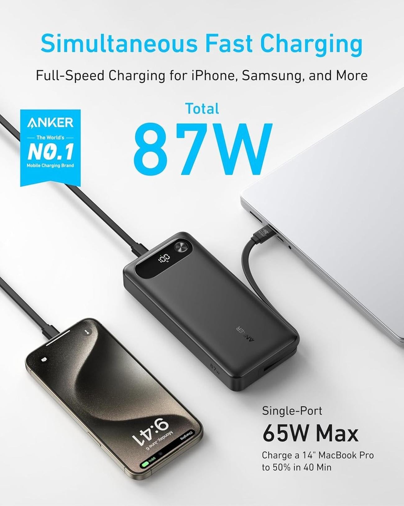Anker Powerbank, 87 W Max snellaadaccu 20.000 mAh draagbare oplader met geïntegreerde USB-C-kabel, 2 USB-C en 1 USB-A, voor MacBook, iPhone 15/14-serie, Samsung, Switch en meer