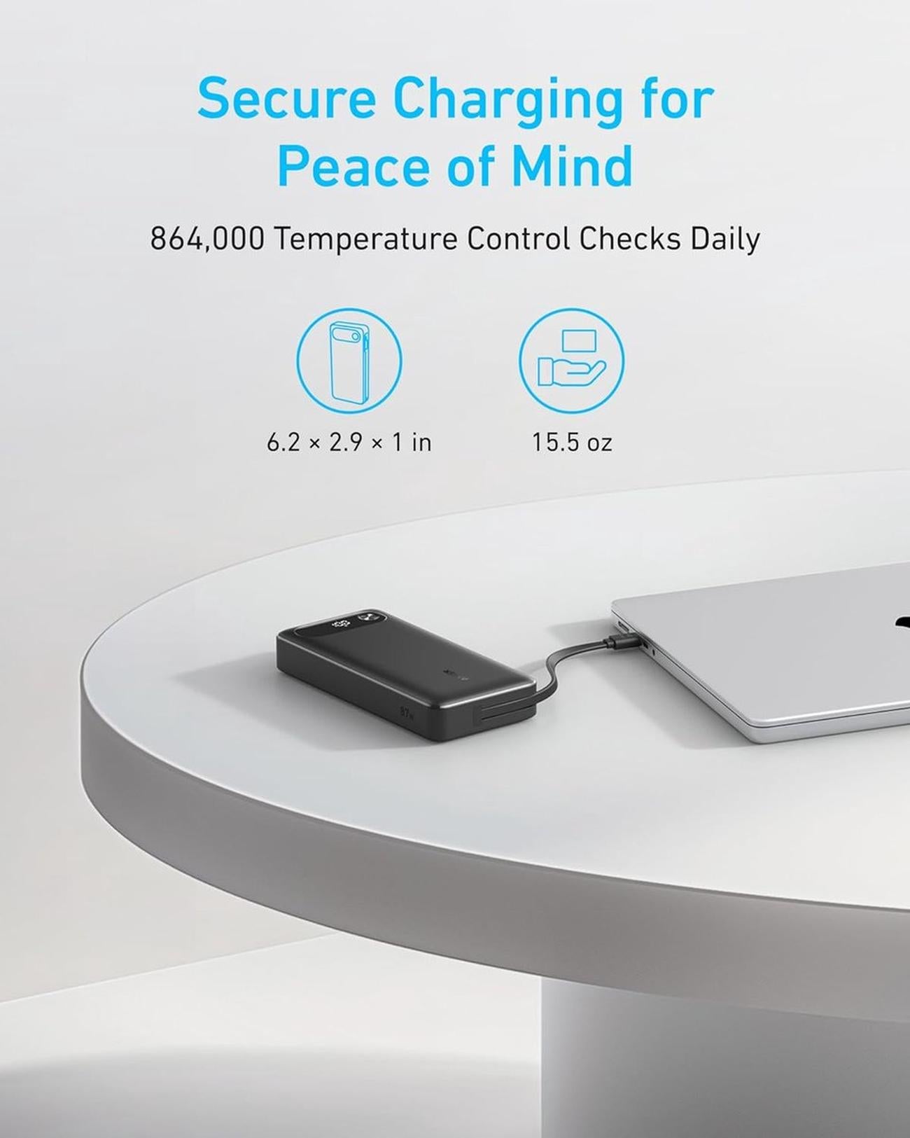 Anker Powerbank, 87 W Max snellaadaccu 20.000 mAh draagbare oplader met geïntegreerde USB-C-kabel, 2 USB-C en 1 USB-A, voor MacBook, iPhone 15/14-serie, Samsung, Switch en meer