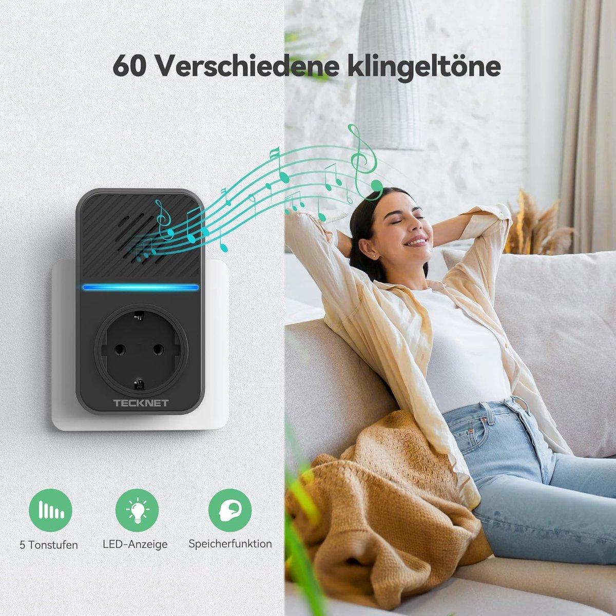 Tecknet NEW Doorbell - draadloze deurbel met 1 ontvanger inclusief stopcontact | Duurzame zender zonder batterijen | Inc. 2 USB laadpoorten | Zwart