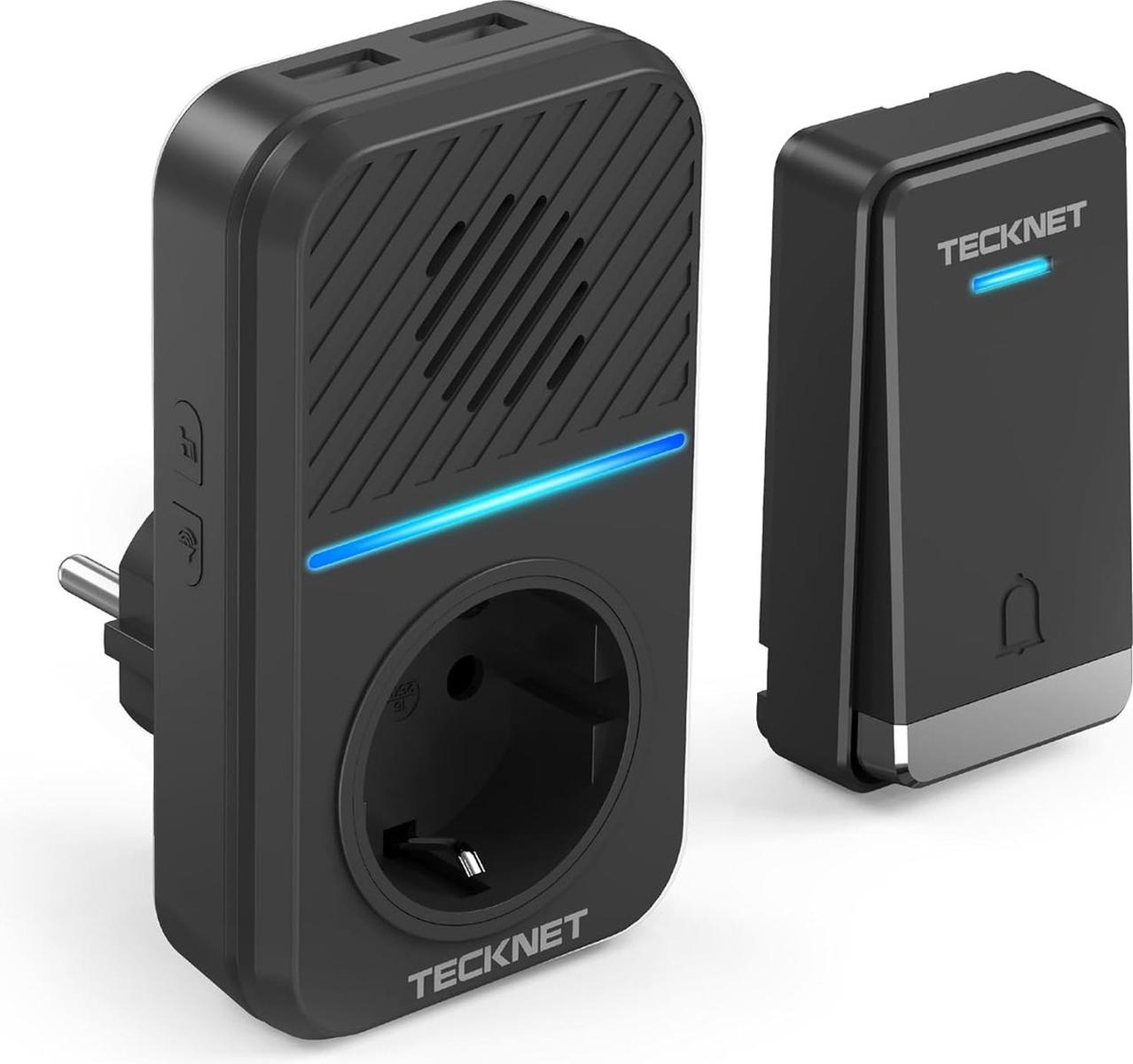 Tecknet NEW Doorbell - draadloze deurbel met 1 ontvanger inclusief stopcontact | Duurzame zender zonder batterijen | Inc. 2 USB laadpoorten | Zwart