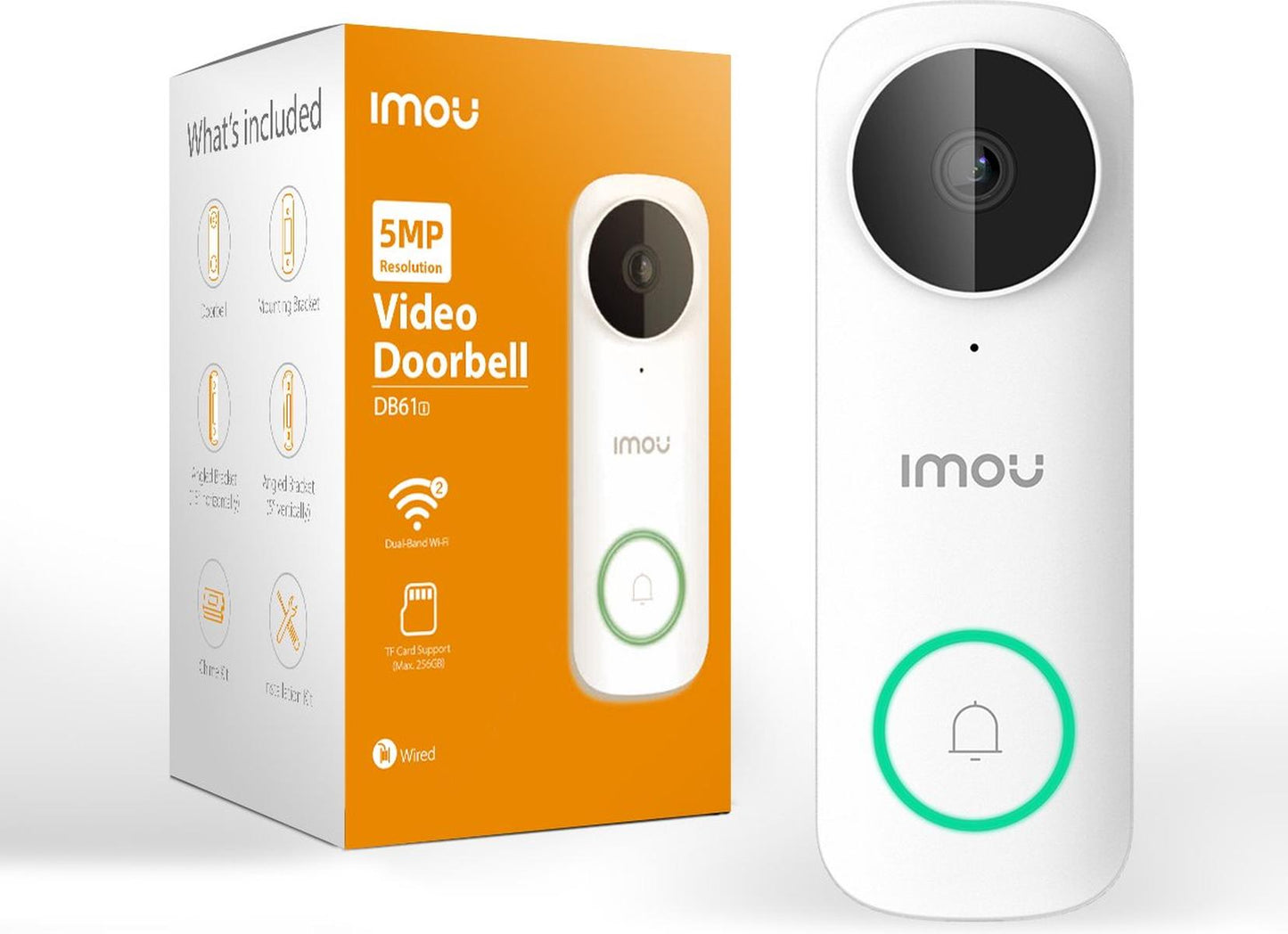 Imou DB61i - Slimme Videodeurbel Bedraad - 5MP (2560x1920) - 164 graden zicht - Persoonsdetectie - IP65 Weerbestendig - Alexa - Dual Band 2.4GHz en 5GHz Wifi - Persoonlijk Spraakbericht Instellen - Instelbare Detectiezone