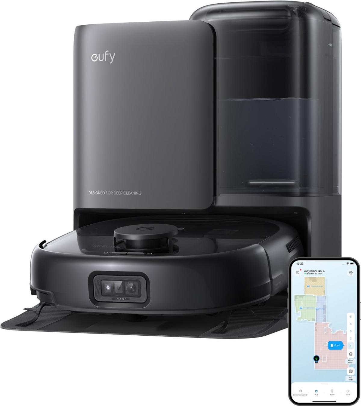 Eufy Robotstofzuiger Omni E25, HydroJet dweilsysteem, 20.000 Pa zuigkracht, DuoSpiral borstels die ontklitten, CornerRover arm voor het schoonmaken van hoeken, alles-in-één station