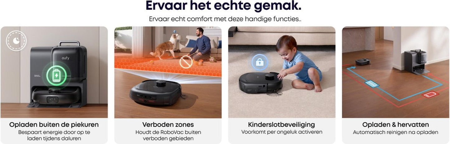Eufy Robotstofzuiger Omni E25, HydroJet dweilsysteem, 20.000 Pa zuigkracht, DuoSpiral borstels die ontklitten, CornerRover arm voor het schoonmaken van hoeken, alles-in-één station