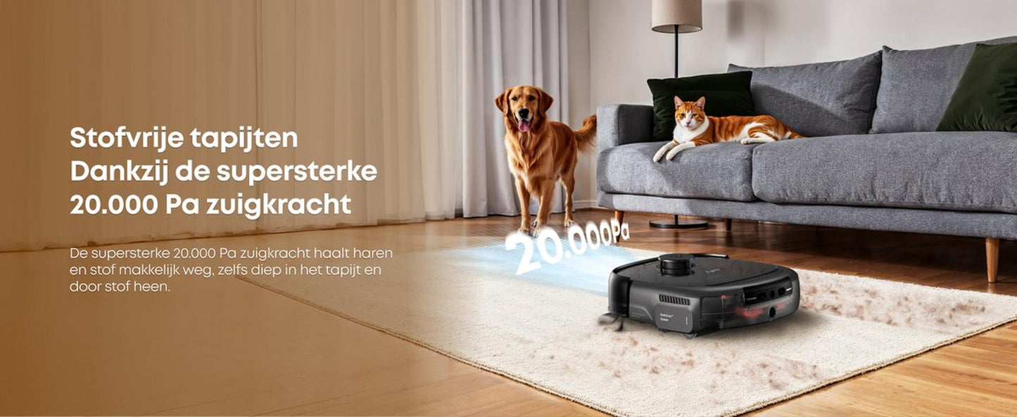 Eufy Robotstofzuiger Omni E25, HydroJet dweilsysteem, 20.000 Pa zuigkracht, DuoSpiral borstels die ontklitten, CornerRover arm voor het schoonmaken van hoeken, alles-in-één station