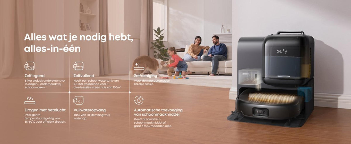 Eufy Robotstofzuiger Omni E25, HydroJet dweilsysteem, 20.000 Pa zuigkracht, DuoSpiral borstels die ontklitten, CornerRover arm voor het schoonmaken van hoeken, alles-in-één station