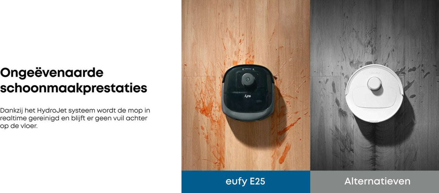Eufy Robotstofzuiger Omni E25, HydroJet dweilsysteem, 20.000 Pa zuigkracht, DuoSpiral borstels die ontklitten, CornerRover arm voor het schoonmaken van hoeken, alles-in-één station