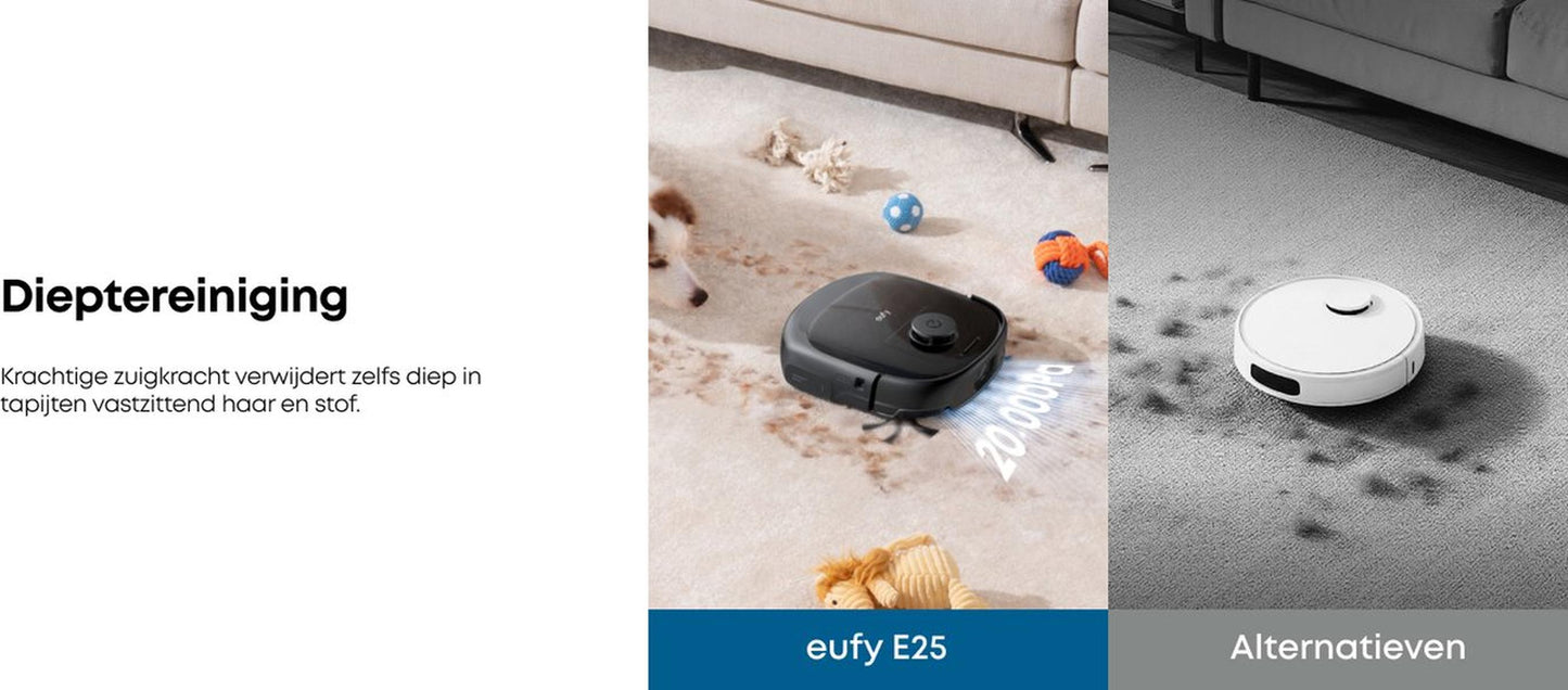 Eufy Robotstofzuiger Omni E25, HydroJet dweilsysteem, 20.000 Pa zuigkracht, DuoSpiral borstels die ontklitten, CornerRover arm voor het schoonmaken van hoeken, alles-in-één station
