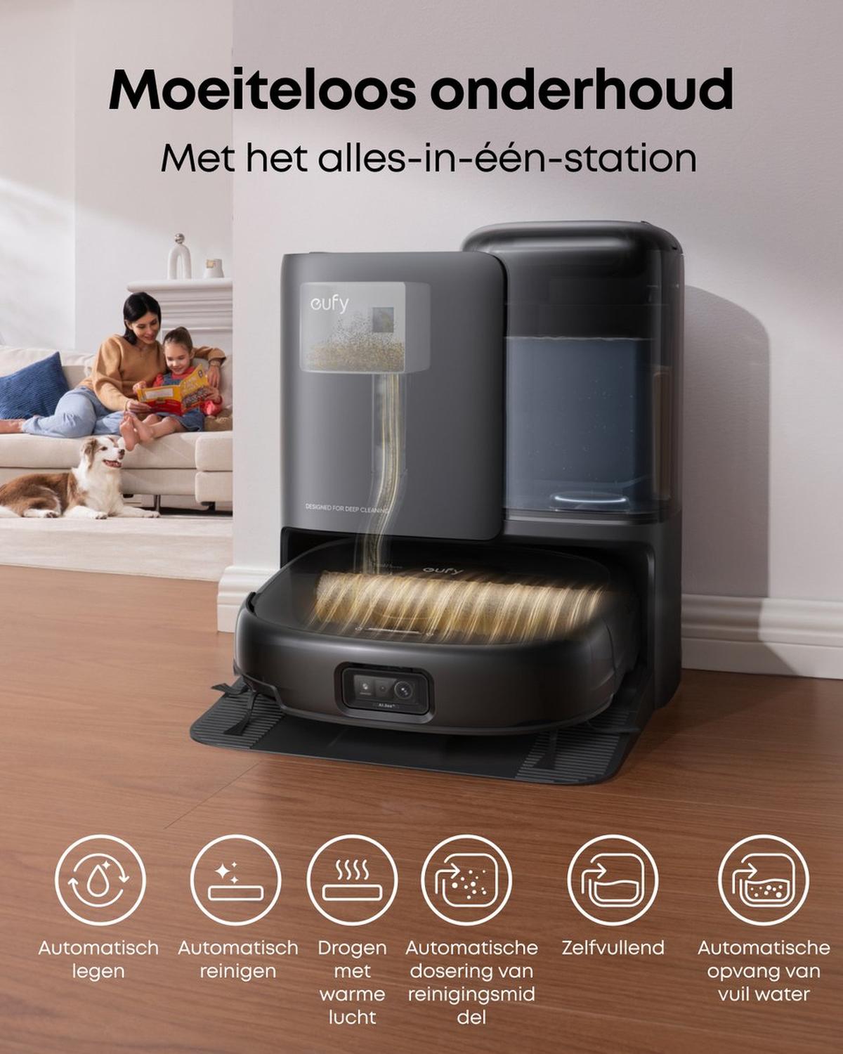 Eufy Robotstofzuiger Omni E25, HydroJet dweilsysteem, 20.000 Pa zuigkracht, DuoSpiral borstels die ontklitten, CornerRover arm voor het schoonmaken van hoeken, alles-in-één station