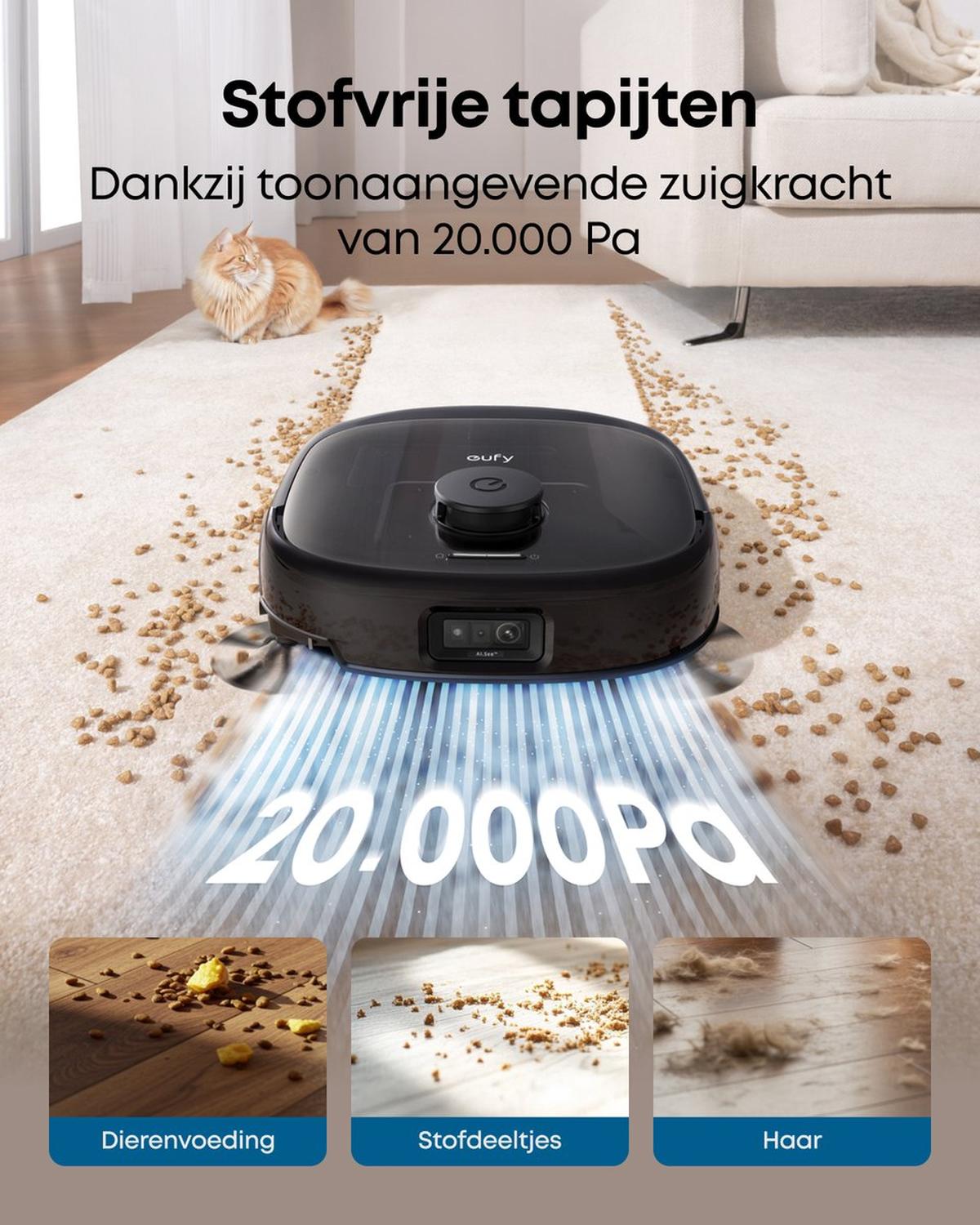 Eufy Robotstofzuiger Omni E25, HydroJet dweilsysteem, 20.000 Pa zuigkracht, DuoSpiral borstels die ontklitten, CornerRover arm voor het schoonmaken van hoeken, alles-in-één station