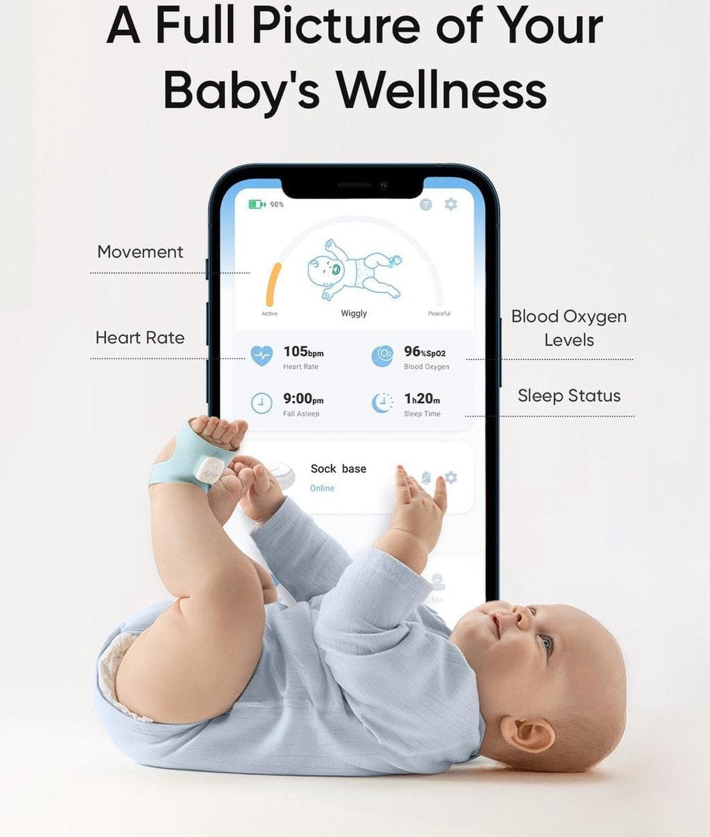 eufy Baby S340 - Smart Sock Babyfoon - 2.4 GHz Wi-Fi - Houd slaappatronen, dutjes, hartslag en bloedzuurstof bij - Voor kinderen van 0 tot 18 maanden.