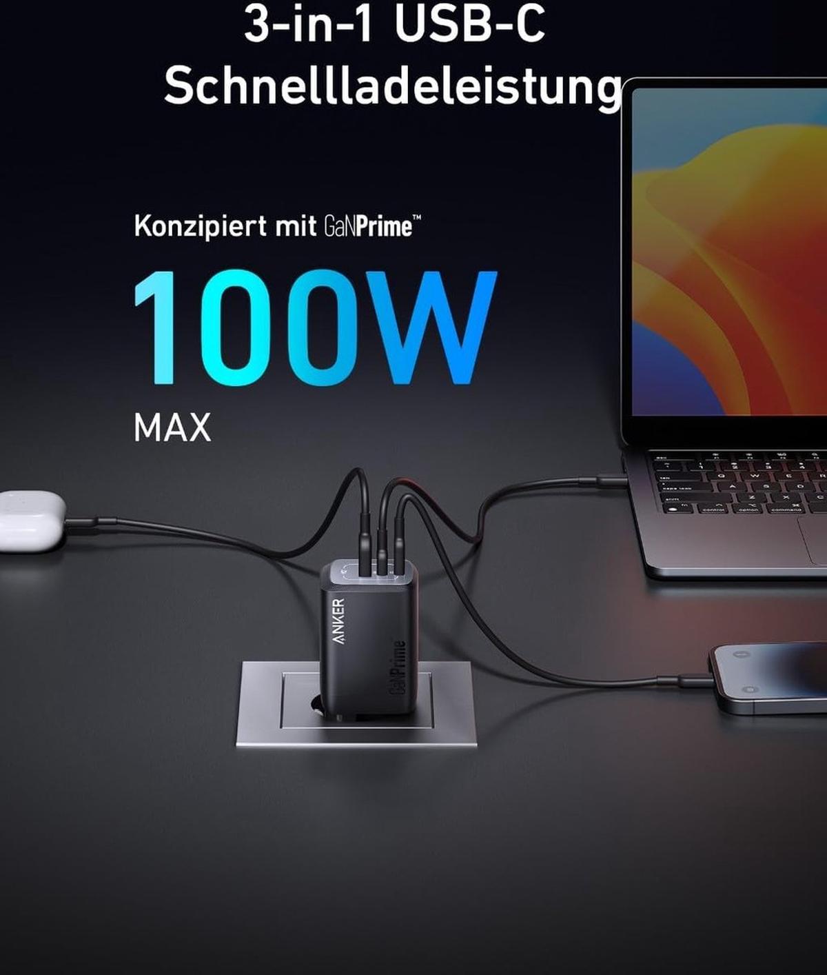 Anker-USB C-oplader-737 oplader GaNPrime 100W-PPS 3-poorts super snel compact-voeding voor MacBook Pro/Air, iPad Pro, Galaxy S22/S21, Dell XPS 13, Note 20/10+, iPhone 15/Pro, Pixel en meer