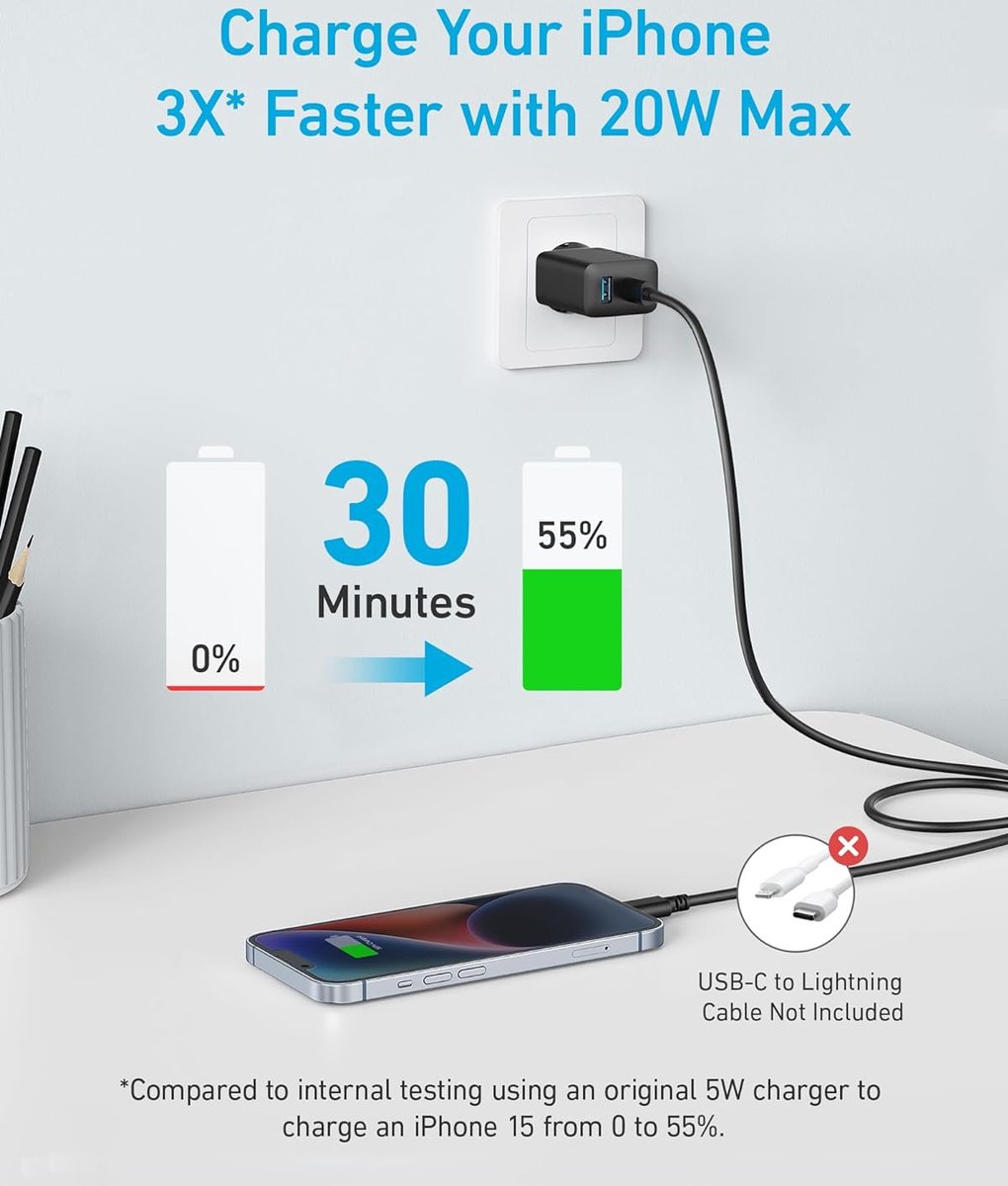 Anker snelle 20W-wandoplader met 2 poorten en USB-C-oplaad voor iPhone 15/iPhone 15 Plus/iPhone 15 Pro/iPhone 15 Pro Max/iPad en meer (inclusief USB-C-kabel van 1,5 m)