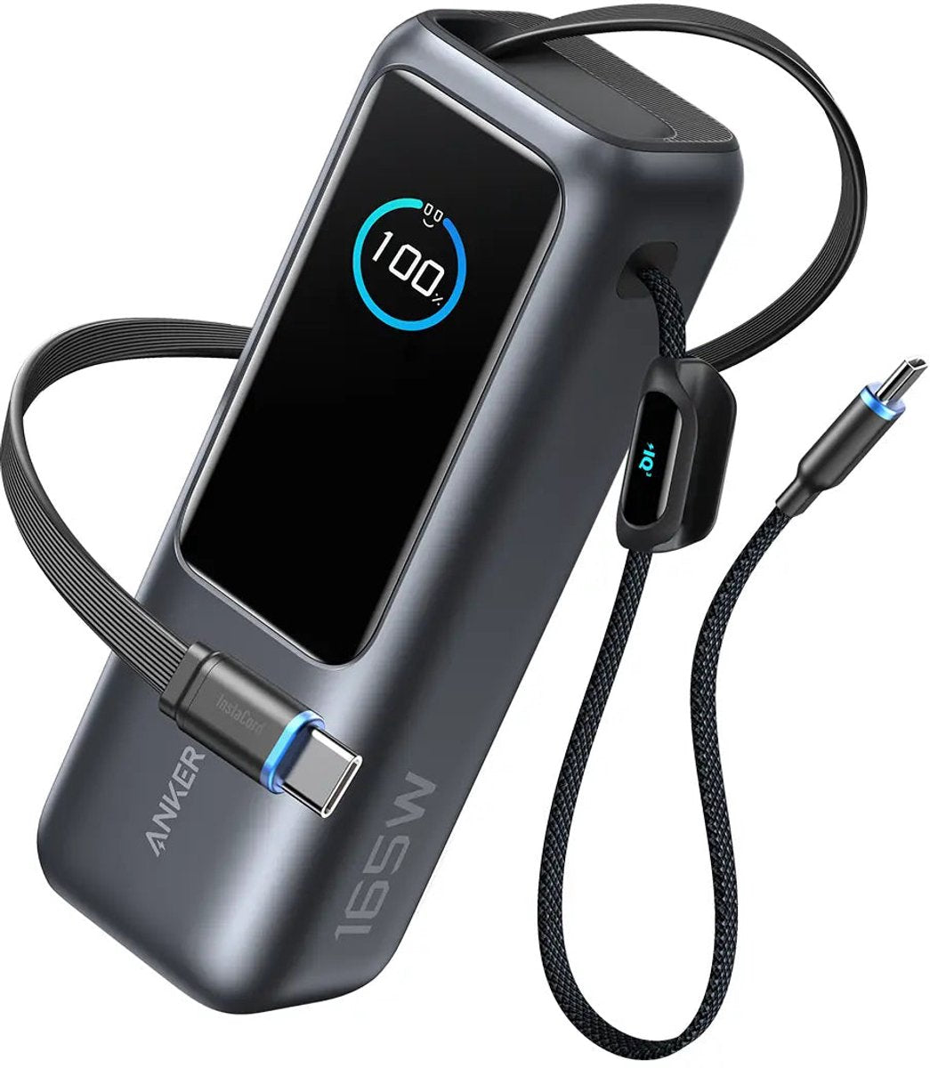 Anker PowerCore 25K Powerbank 25.000mAh - 165W - 3x 100W USB-C Poorten - Zwart - Ingebouwde Intrekbare Kabels - Real-Time Smart Display - Vliegtuigvriendelijk Ontwerp