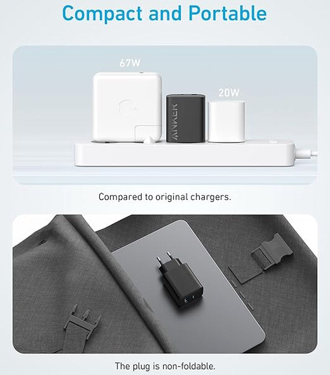 Anker MagGo Power Bank - MagSafe 15W-oplader - 10.000mAh-accu - scherm en inklapbare standaard - (inclusief USB-C-kabel) + Fast 2 Ports Charger 20W