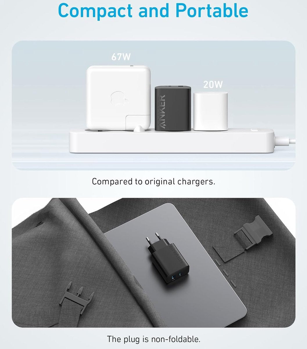 Anker snelle 20W-wandoplader met 2 poorten en USB-C-oplaad voor iPhone 15/iPhone 15 Plus/iPhone 15 Pro/iPhone 15 Pro Max/iPad en meer (inclusief USB-C-kabel van 1,5 m)