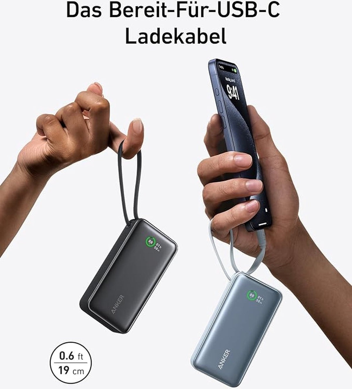Anker-Nano powerbank-10.000 mAh powerbank roze met ingebouwde USB-C-kabel -PD 30 W maximaal vermogen met 1 x USB-C, 1 x USB-A