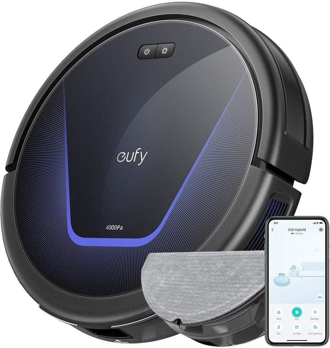 eufy Clean G50 Hybrid Robotstofzuiger met dweilfunctie - Robot Vacuum - 4.000 Pa Zuigkracht, Dynamische Navigatie, Pro-ontwarrende Kam, Rolborstel, Dweilpad voor lichte reiniging, Ideaal voor huisdierhaar, Harde vloeren en tapijt