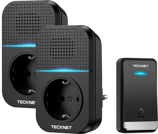 Tecknet Draadloze Deurbel - Deurbelset - met 2 ontvanger - Duurzame zender zonder batterijen - Zwart