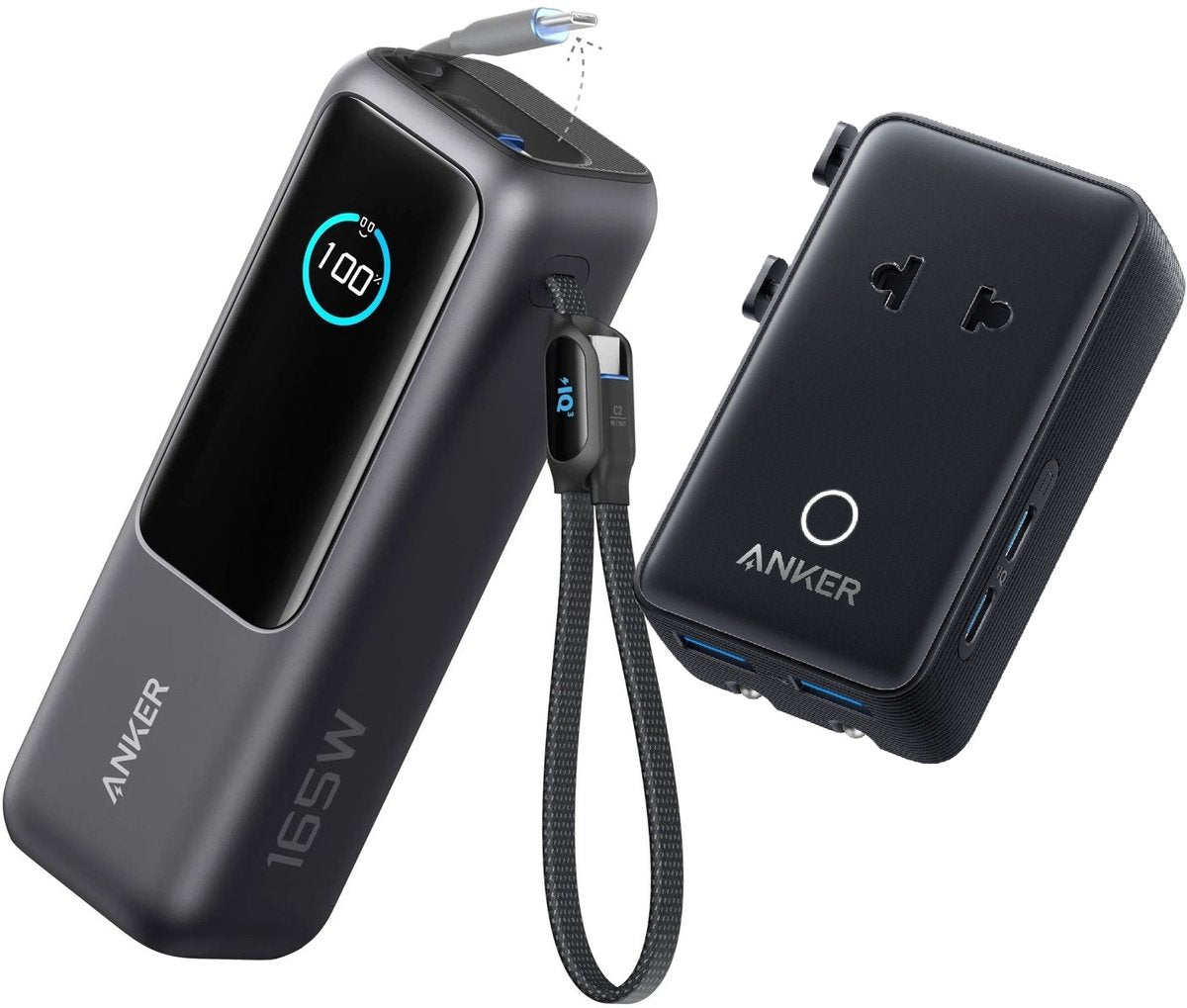 Anker PowerCore 25K Powerbank 25.000mAh - 165W - 3x 100W USB-C Poorten - Zwart + Anker Nano reisadapter, USB-stekker 5-poorts stroomadapter met 1 AC, 2 USB-A en 2 USB-C poorten - Zwart