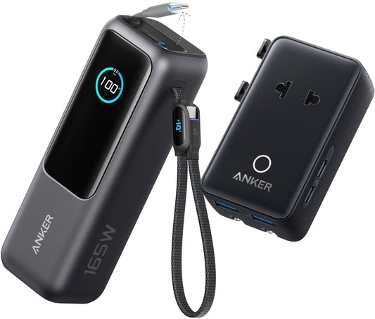 Anker PowerCore 25K Powerbank 25.000mAh - 165W - 3x 100W USB-C Poorten - Zwart + Anker Nano reisadapter, USB-stekker 5-poorts stroomadapter met 1 AC, 2 USB-A en 2 USB-C poorten - Zwart