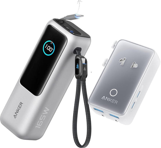 Anker PowerCore 25K Powerbank 25.000mAh - 165W - 3x 100W USB-C Poorten - Zilver + Anker Nano reisadapter, USB-stekker 5-poorts stroomadapter met 1 AC, 2 USB-A en 2 USB-C poorten - Zilver