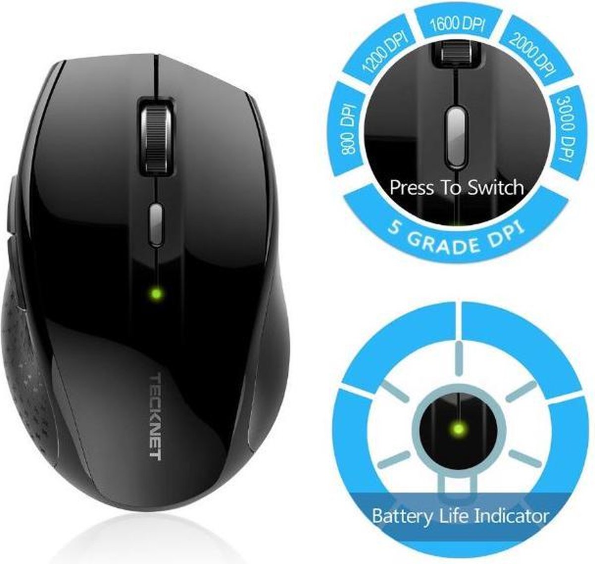 TeckNet Pro 2.4G Draadloze Muis | Geluidsarm - No Noise - No Sound - Geluidsarme - Geruisloos - Super Stille muis | 6 Knoppen | Tot 30 Maanden batterijduur | 3000DPI | Zwart