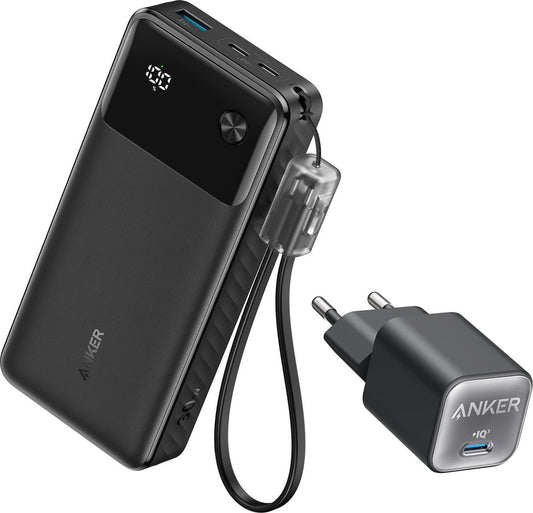 Anker draagbare oplader - 20.000mAh-powerbank met USB-C-kabel 30W + Anker Nano 3 USB C GaN Charger 30W, PIQ 3.0 PPS Fast Charger