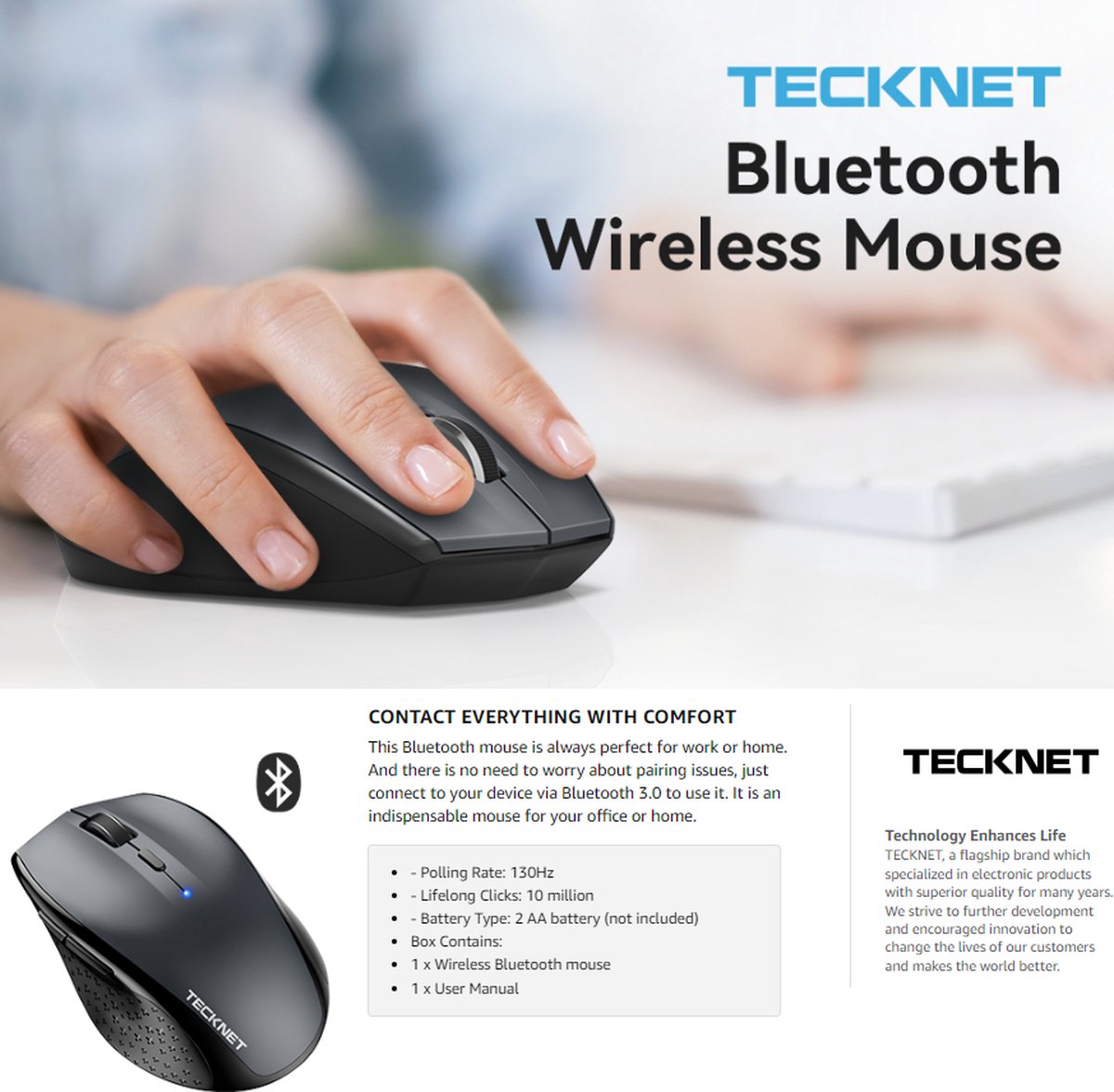 TeckNet Pro Bluetooth Draadloze Muis | 3200DPI / 5 levels - Zwart