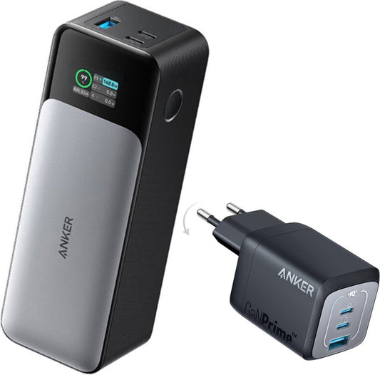 Anker 737 - Power Bank (PowerCore 24K), 24.000mAh + Anker Prime GaN 67W USB snel Oplader, 3-Poort Quick Charger- VoordeelBundel