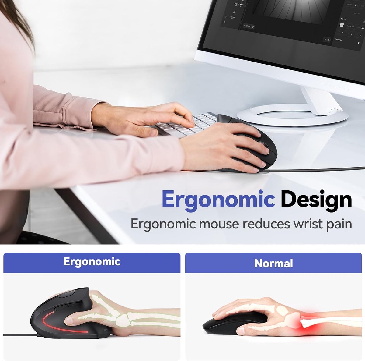 Tecknet Ergonomische muis bedraad | 6400DPI | 6-knoppen | Stille klik | met 4 aanpasbare DPI niveaus