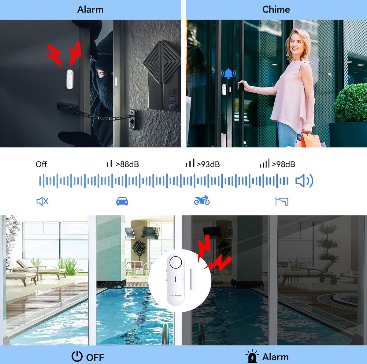Tecknet DeurAlarm - Deur Sensor - Raam en Deur Alarm - Huis beveiliging - Magnetisch alarm - 100dB - 3 stuks